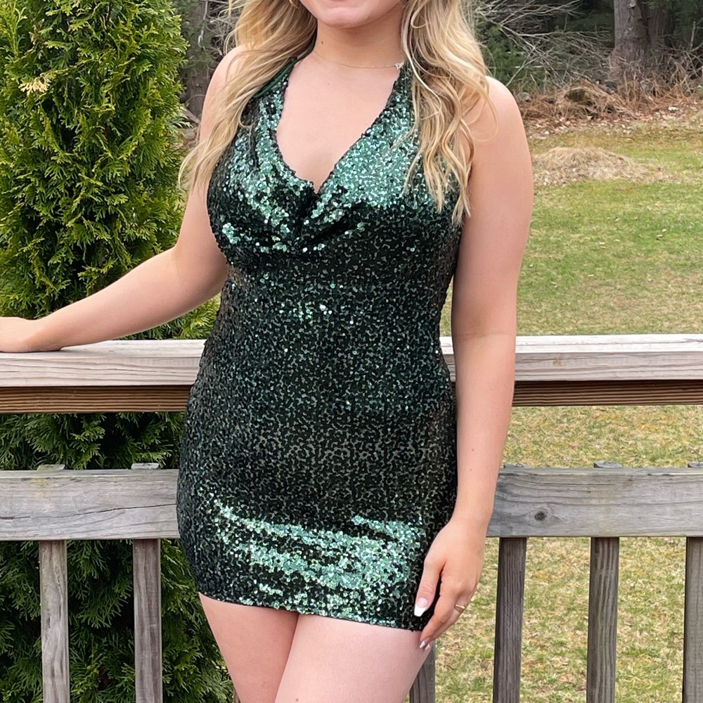 Green Sequin Mini Dress Medium Cowl Neck
